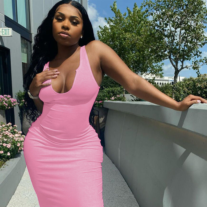 Women's U-neck Short Sleeveless Dress for Spring Events