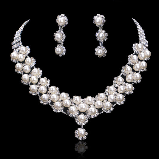 Bridal Pearl Jewelry Set with Classic Diamond Necklace