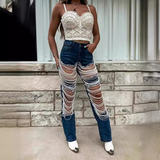 Chain Bead Ornament Denim Pants