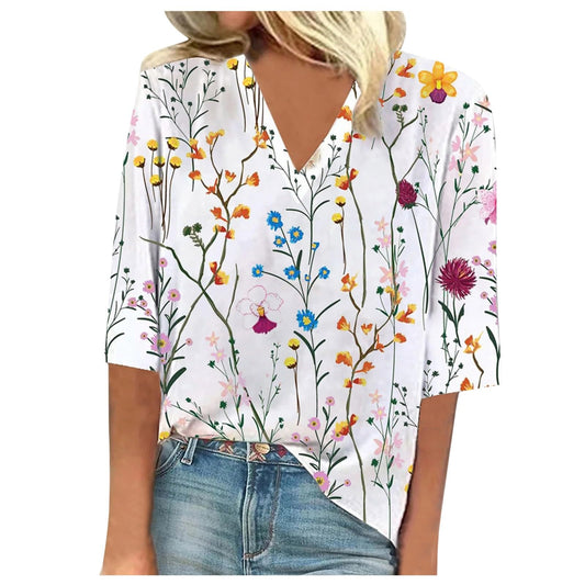 Generic Crop Tops for Women Womens Hawaiian Shirt Womens Blouses Casual 3/4 Sleeve Shirt Ladies Blouse V-Neck Tunic Dressy 2026 Tee Print Casual Fashion Tshirt Breathable Summer Tops (WhiteSmall)