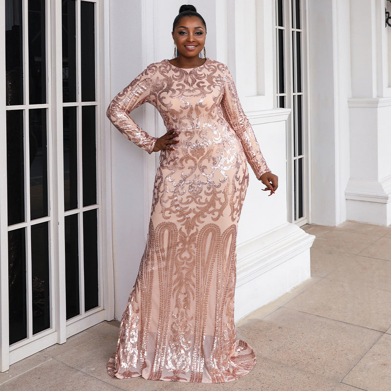Plus Size Women's Evening Dress with Sequined Skirt