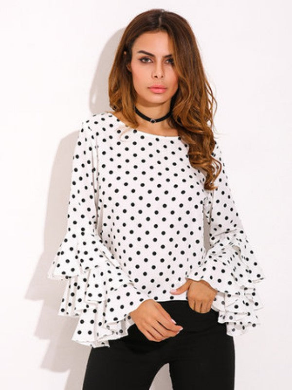 Long Sleeve Polka Dot Chiffon Blouse with Ruffles