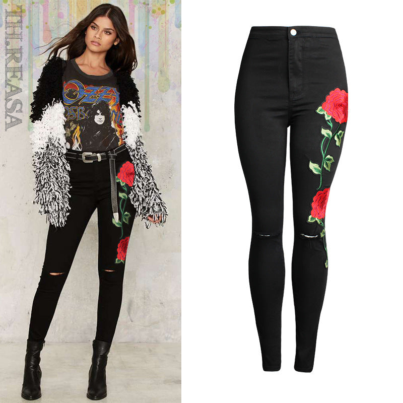 Embroidered and Ripped Denim Jeans