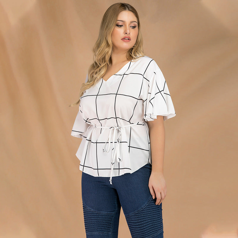 Women's White V-Neck Checkered Blouse with Bell Sleeves