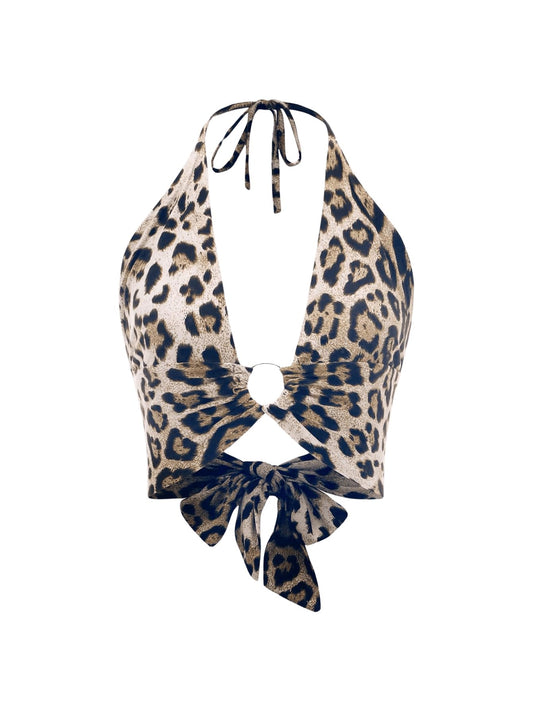 SOLY HUX Womens Leopard Print Cami Crop Top Halter Tie Backless Y2k Tops Apricot Leopard Medium
