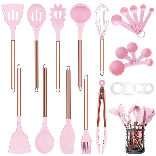Arquiel Pink Kitchen Utensil Set with Holder 22 Pcs Silicone Cooking Utensils Set for Nonstick Cookware Heat Resistance Spatula Set Stainless Steel Kitchen Gadgets Utensils Set Gifts for Mom