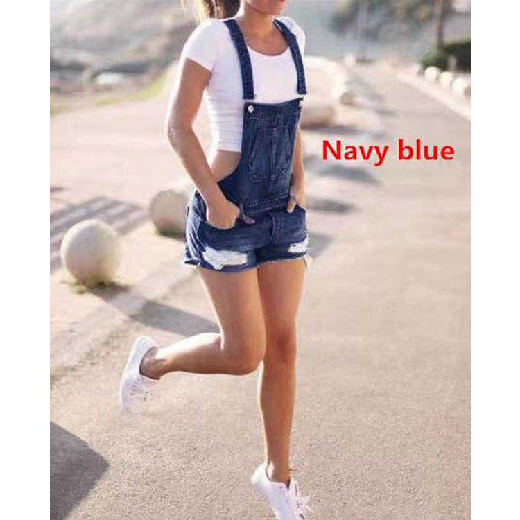 Blue Mid-Waist Denim Overalls Shorts