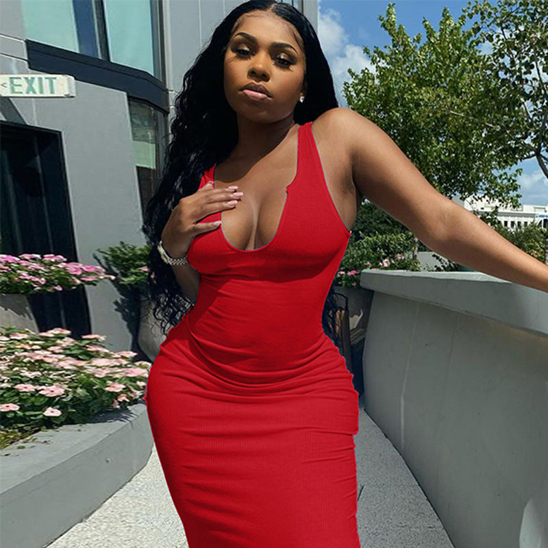 Women's U-neck Short Sleeveless Dress for Spring Events