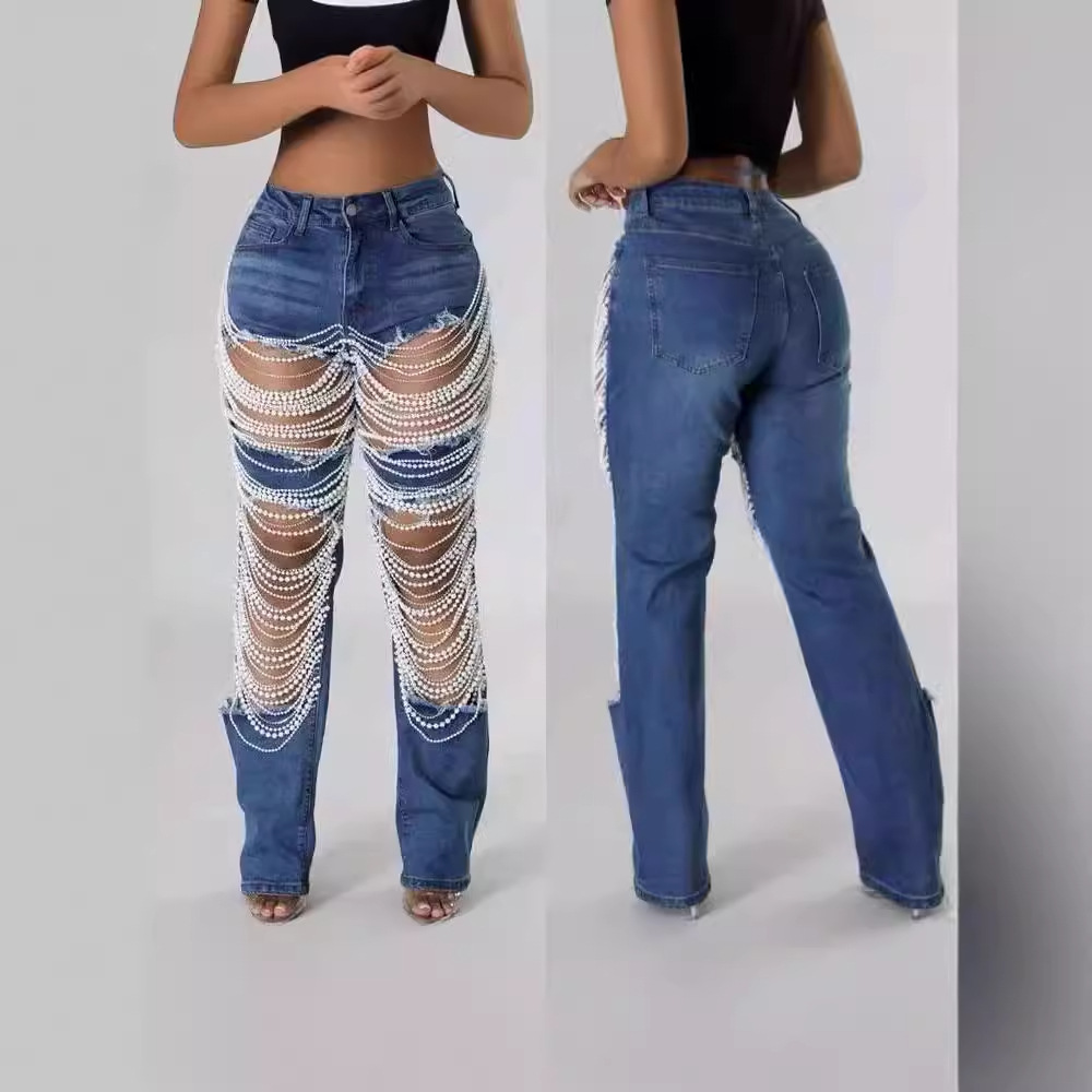Chain Bead Ornament Denim Pants