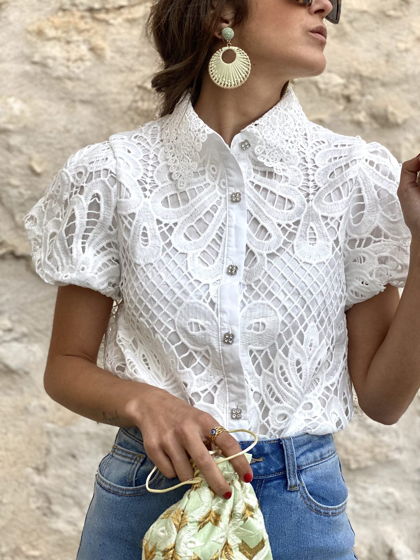 Fashion Lace Cardigan with Puff Sleeve Blouse