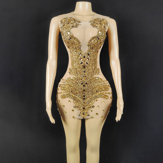 Solid Color Sheer Rhinestone Bodycon Dress