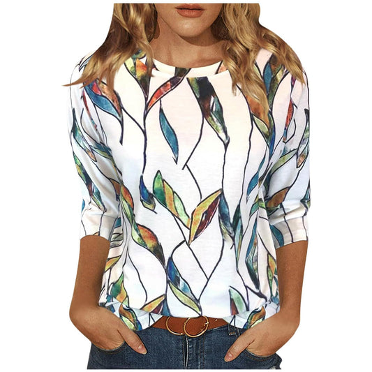Womens Spring Fashion 2026Summer Tops for Women Trendy 3/4 Length Sleeve Womens Tops Dressy Casual Blouses Boho Graphic Basic Tees Elbow Length Sleeve Tees Shirt Vacation Outfits(3h-Army GreenXXXL)
