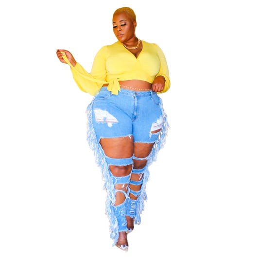 Adogirl Plus Size Distressed Tassel Jeans for Women