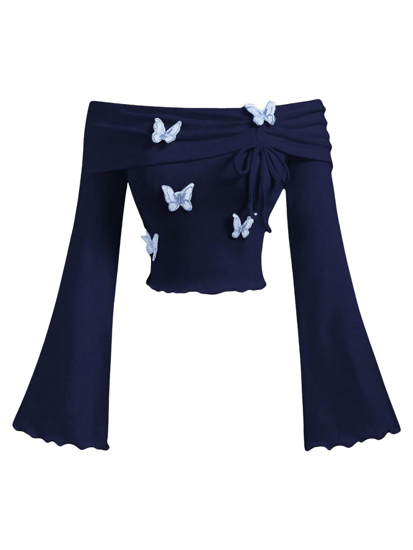 Verdusa Womens Y2k 3D Butterfly Bell Sleeve Tops Off The Shoulder Crop Tops Long Sleeve T Shirts Dark Blue Small