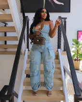 Women's Fashion Sexy Strapless Jumpsuit with Pockets