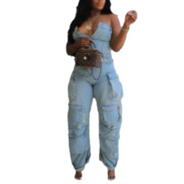 Women's Fashion Sexy Strapless Jumpsuit with Pockets