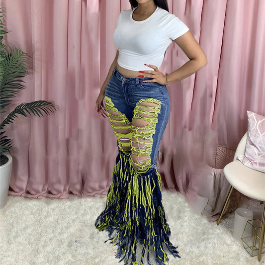 Women's Casual Flared Tassel Denim Trousers