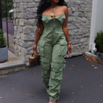 Women's Fashion Sexy Strapless Jumpsuit with Pockets