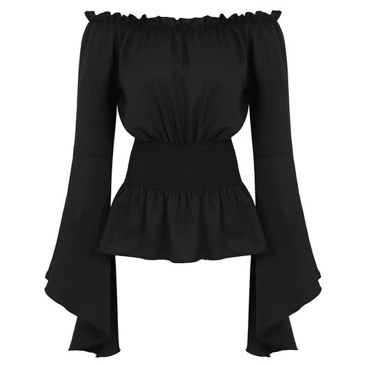 Lehauya Women Renaissance Blouse Off Shoulder Steampunk Shirt Black Peasant Blouse Long Sleeve Pirates Costume Small