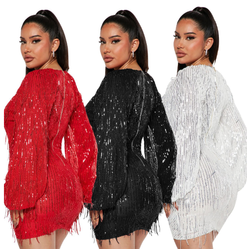 V-neck Sequin Tassel Dress for Women
