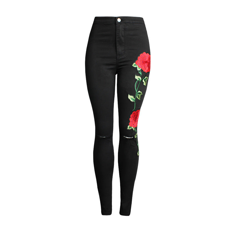 Embroidered and Ripped Denim Jeans