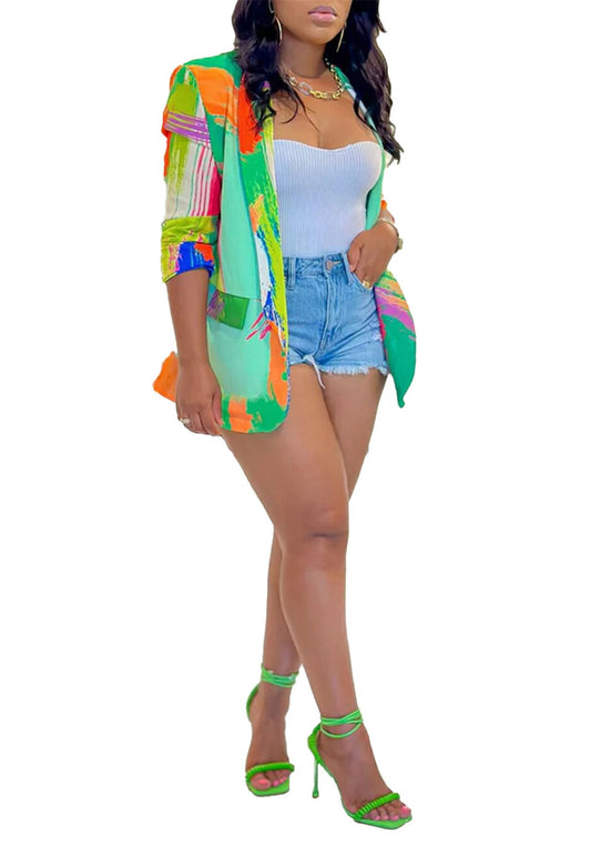 Womens Printed Blazer Jackets Long Sleeve Open Front Tie Dye Print Tops