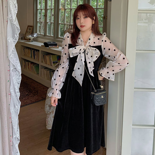 Polka Dot Lace-up Bow Dress