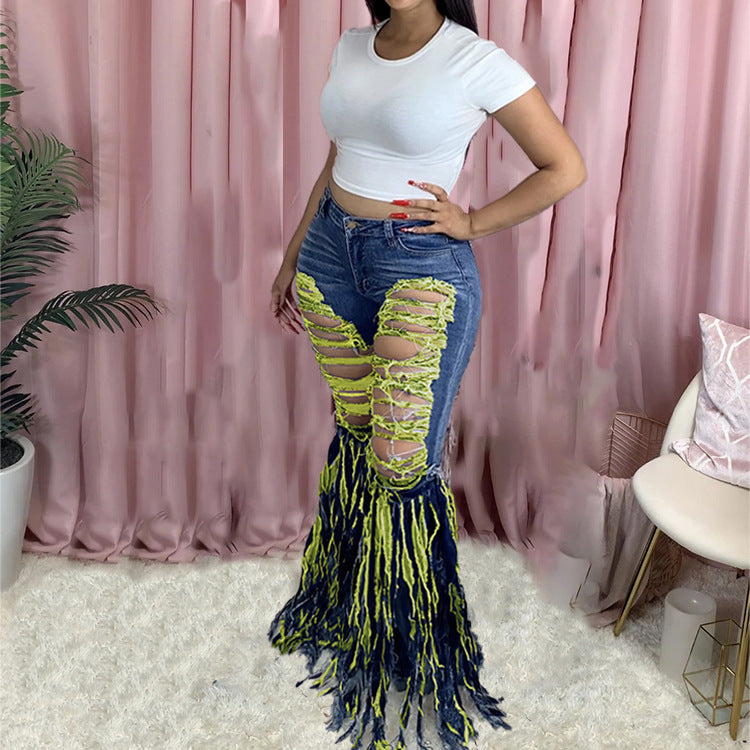 Women's Casual Flared Tassel Denim Trousers