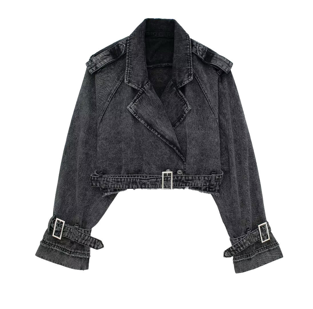 French Style Slim-Fit Denim Windbreaker Blouse with Belt