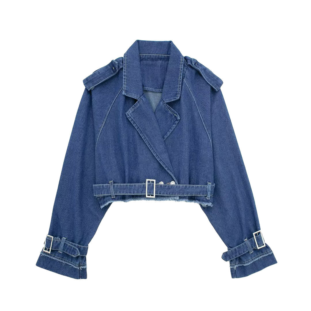 French Style Slim-Fit Denim Windbreaker Blouse with Belt