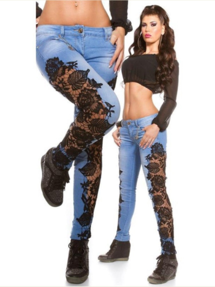 Lace Detail Sheer Stitching Jeans